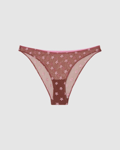 An mesh bikini brief in mocha brown pink flower accessories.