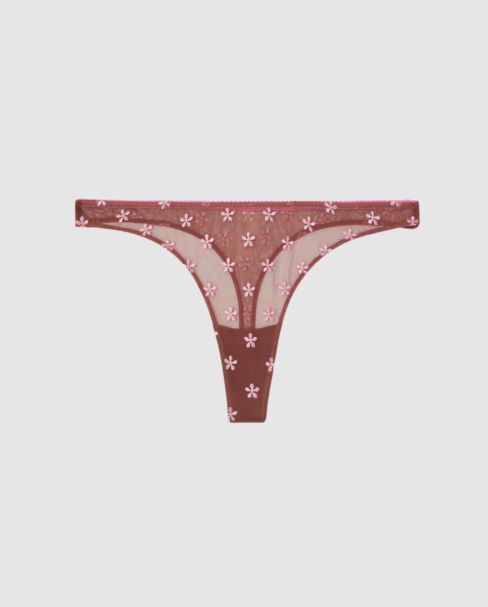 An mesh high cut mid rise panty in mocha brown with pink flower accessories.