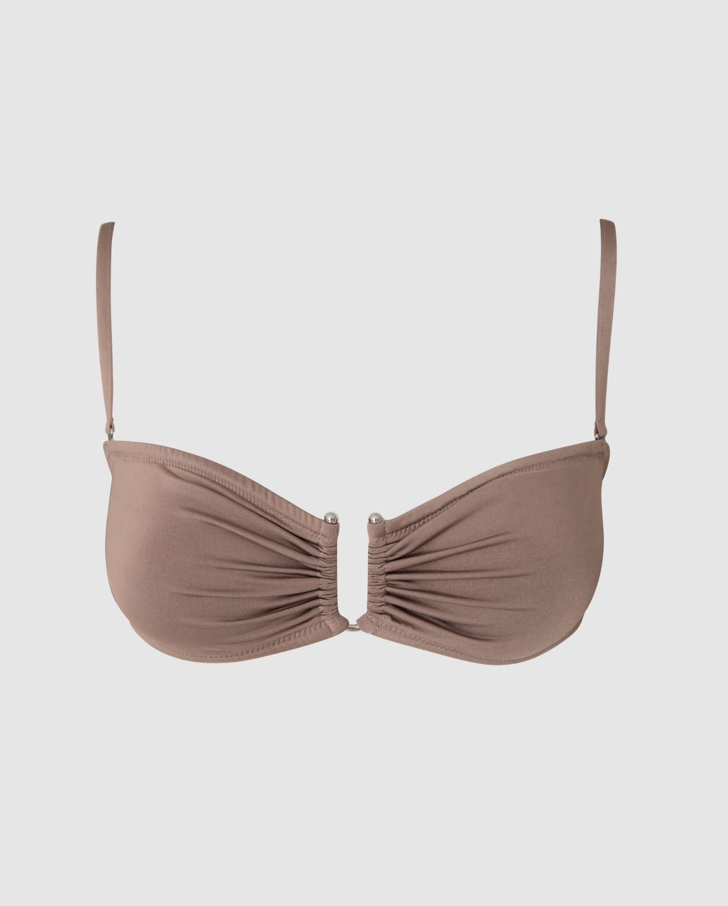 An bandeau bikini top in mauve. 
