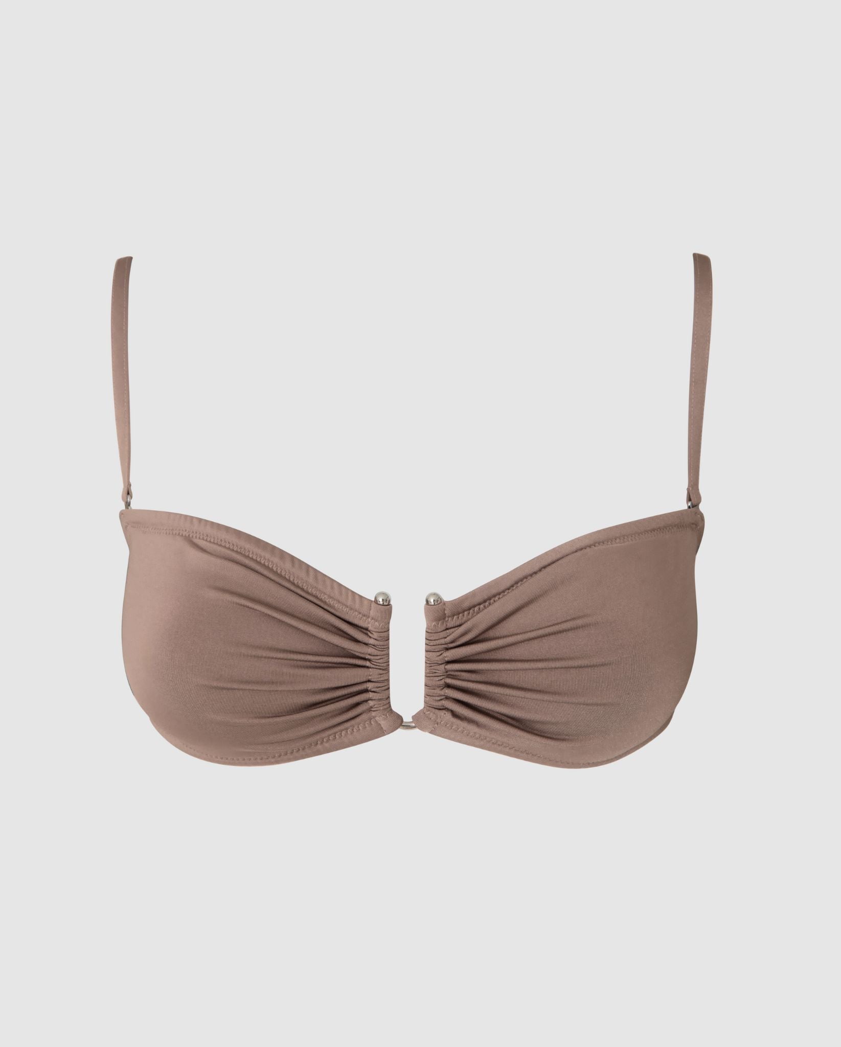 An bandeau bikini top in mauve. 