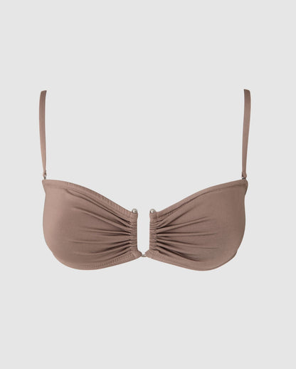 An bandeau bikini top in mauve. 