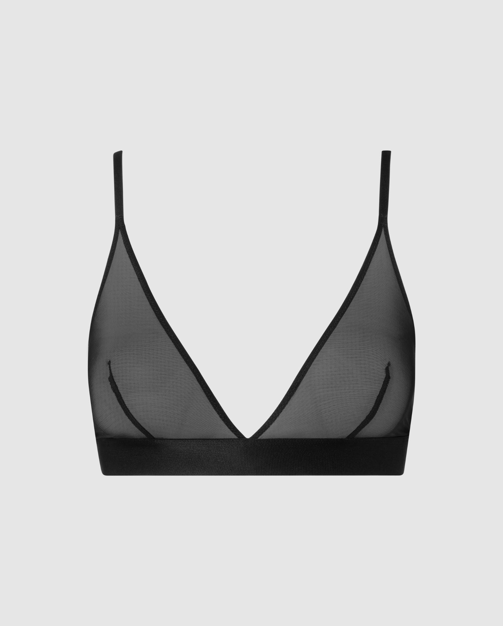 An mesh triangle bralette in black.