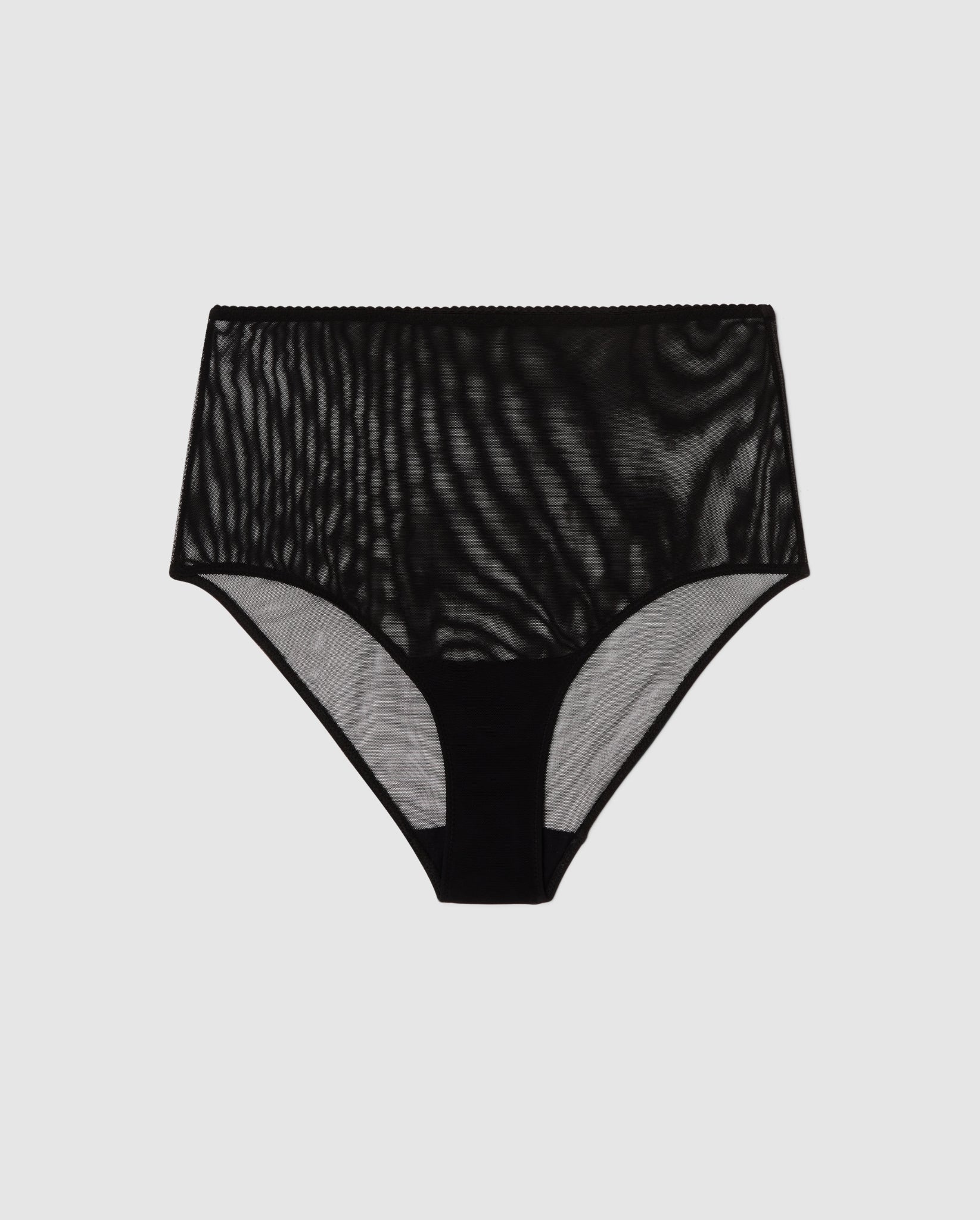 An High-waist Mesh Bikini brief with a black design. 