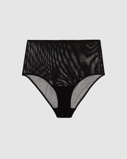 An High-waist Mesh Bikini brief with a black design. 