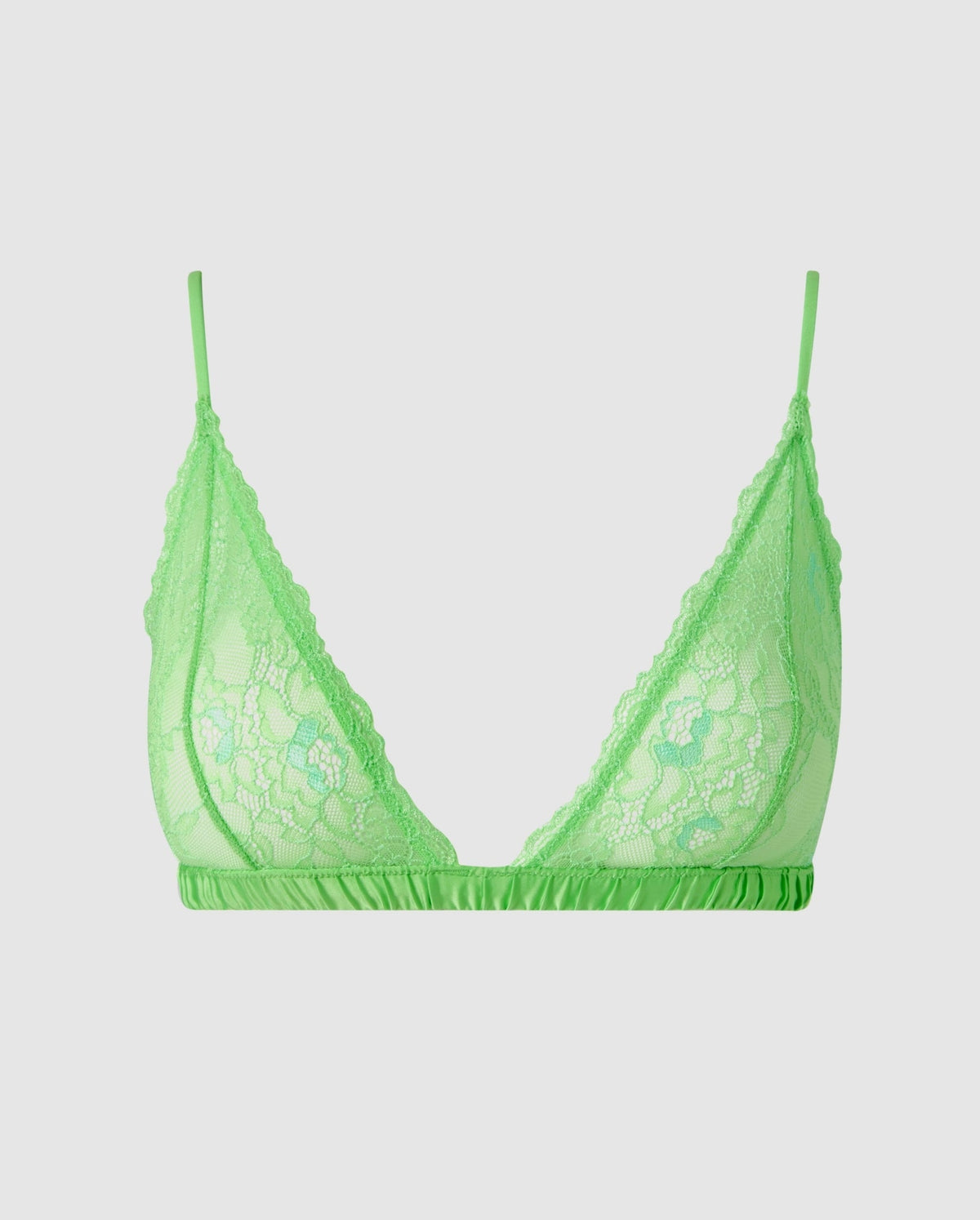 An lace triangle bralette in mint green with satin accessories.