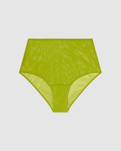 An highwaist mesh brief in matcha green.