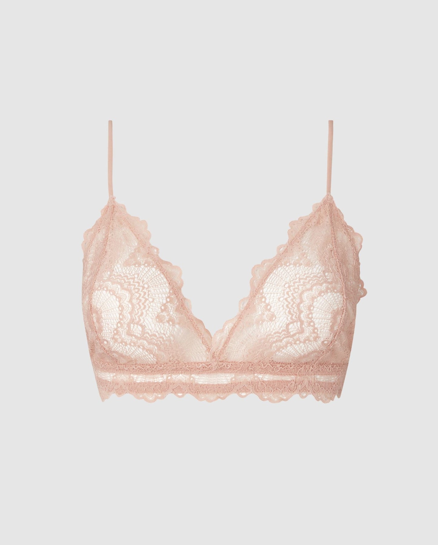 An lace triangle bralette in light beige.
