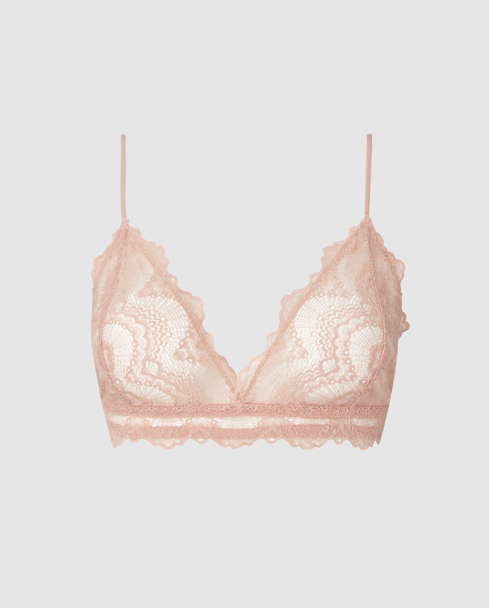 An lace triangle bralette in light beige.
