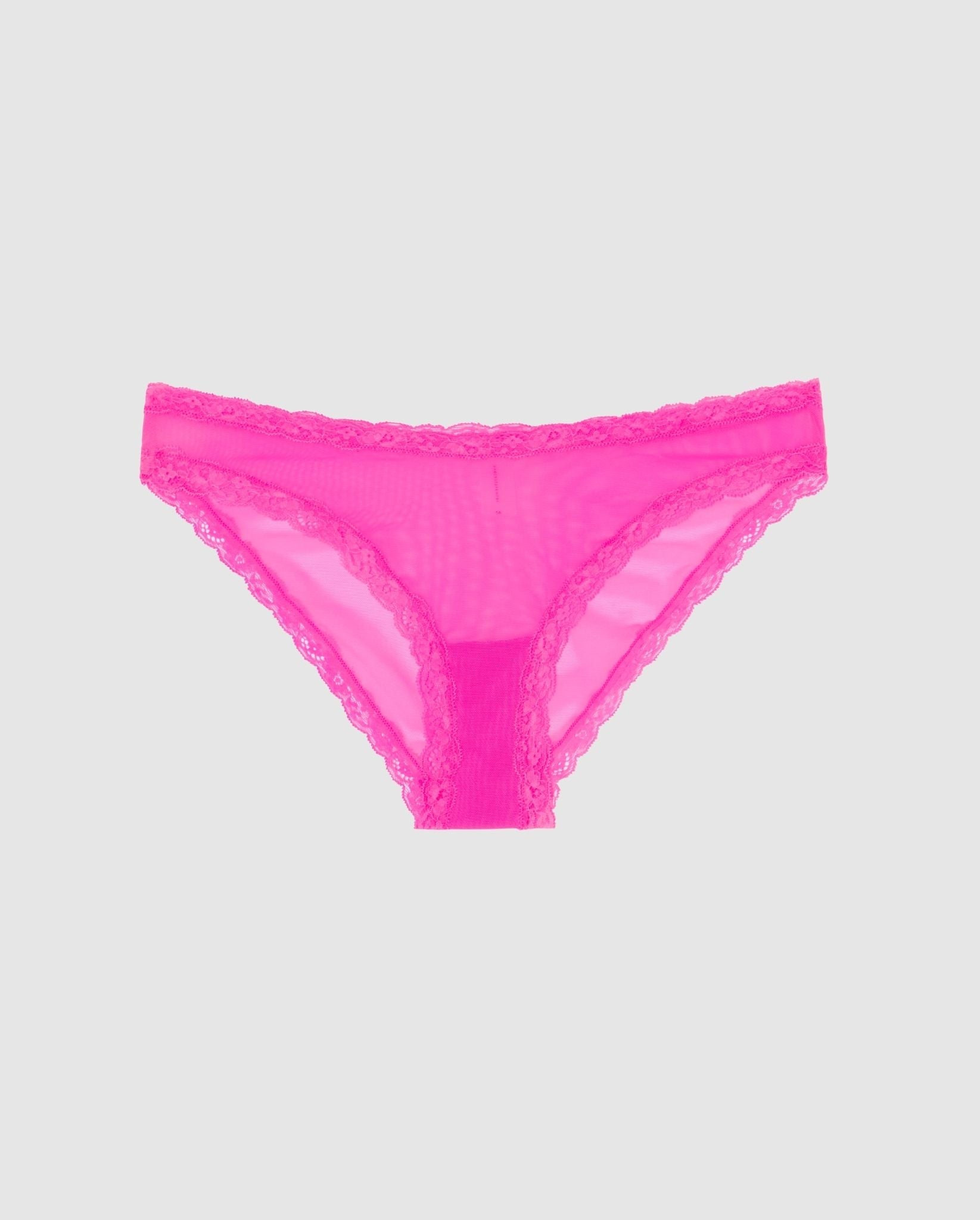 An mesh bikini brief in pink with lace trim.