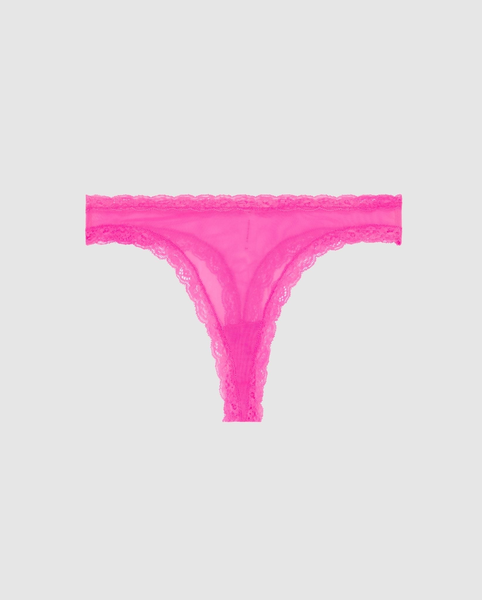 An mesh mid-rise panty in hot pink with lace accessories.
