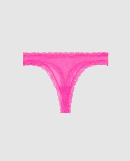 An mesh mid-rise panty in hot pink with lace accessories.