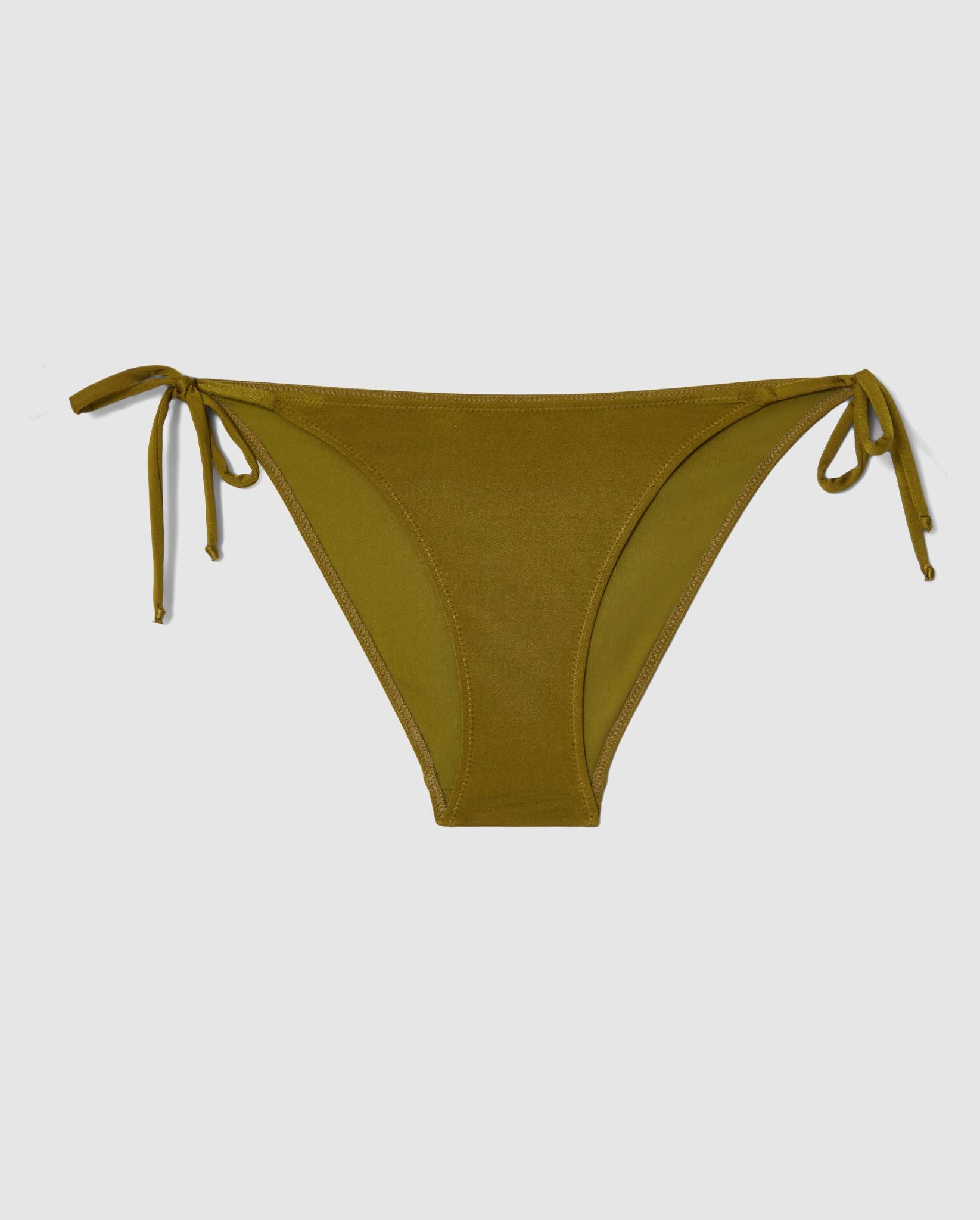 An bikini bottom on olive green with straps. 