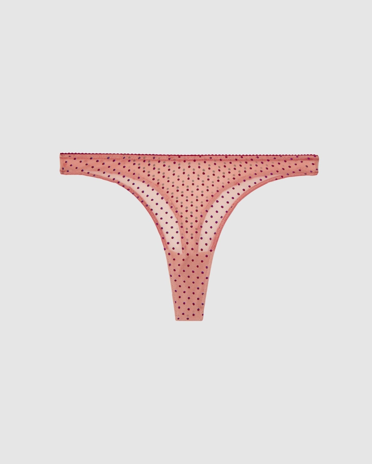 An mesh high cut mid rise panty in coral with cherry accessories.