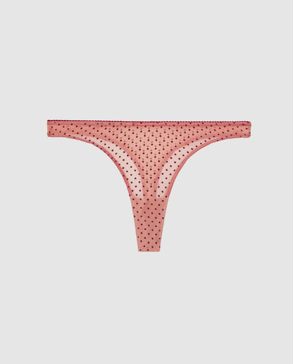 An mesh high cut mid rise panty in coral with cherry accessories.