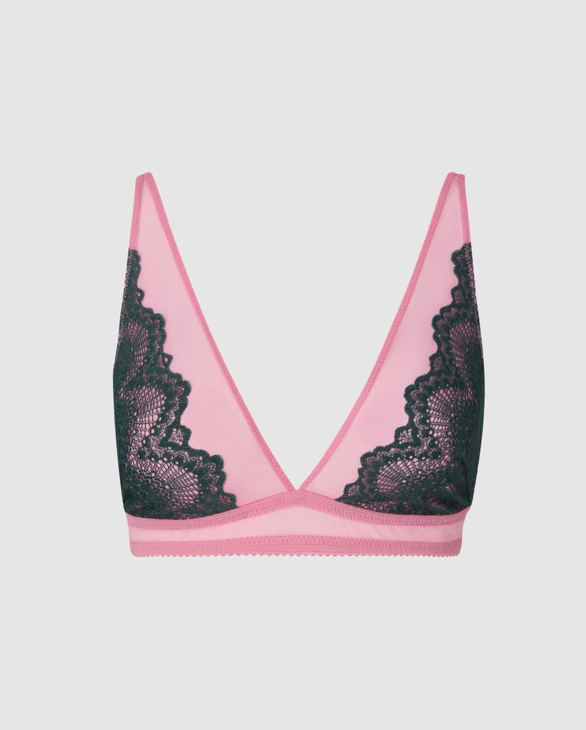An mesh plunge bralette in pink with pine green lace accessories. 