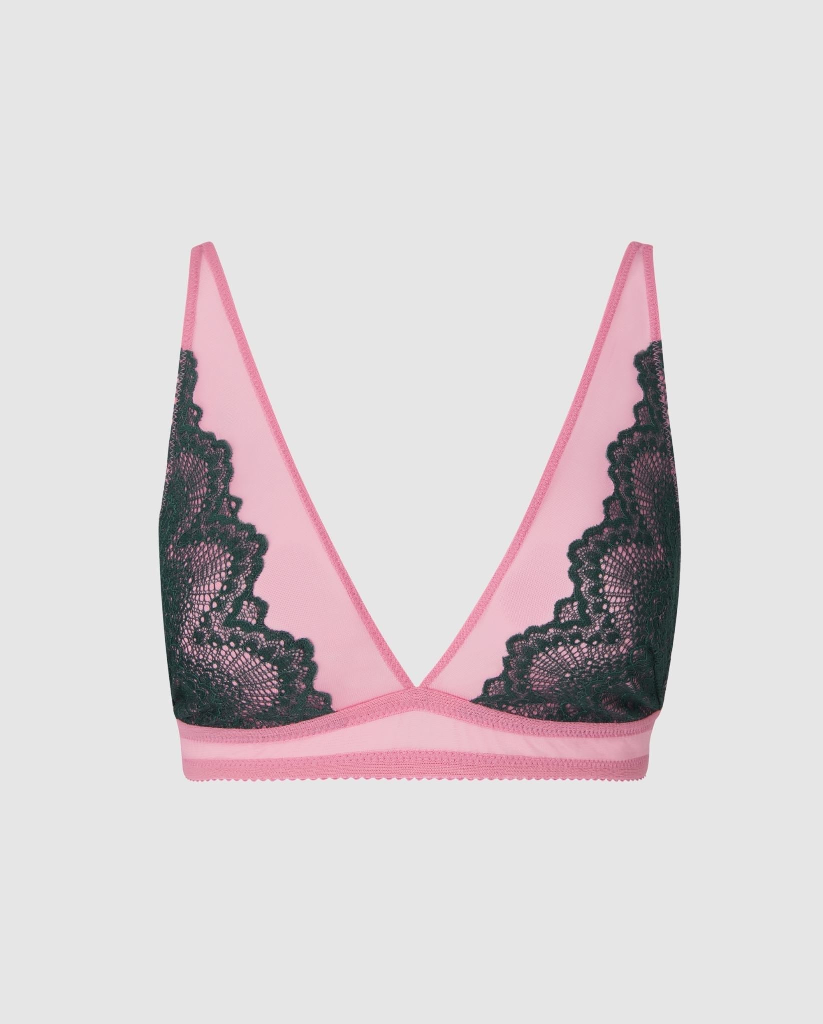 An mesh plunge bralette in pink with pine green lace accessories. 