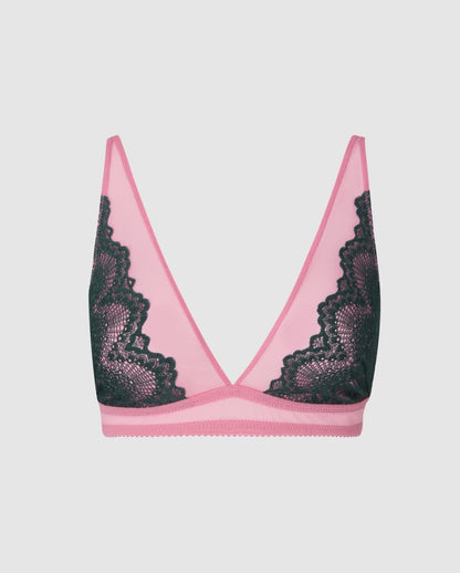An mesh plunge bralette in pink with pine green lace accessories. 