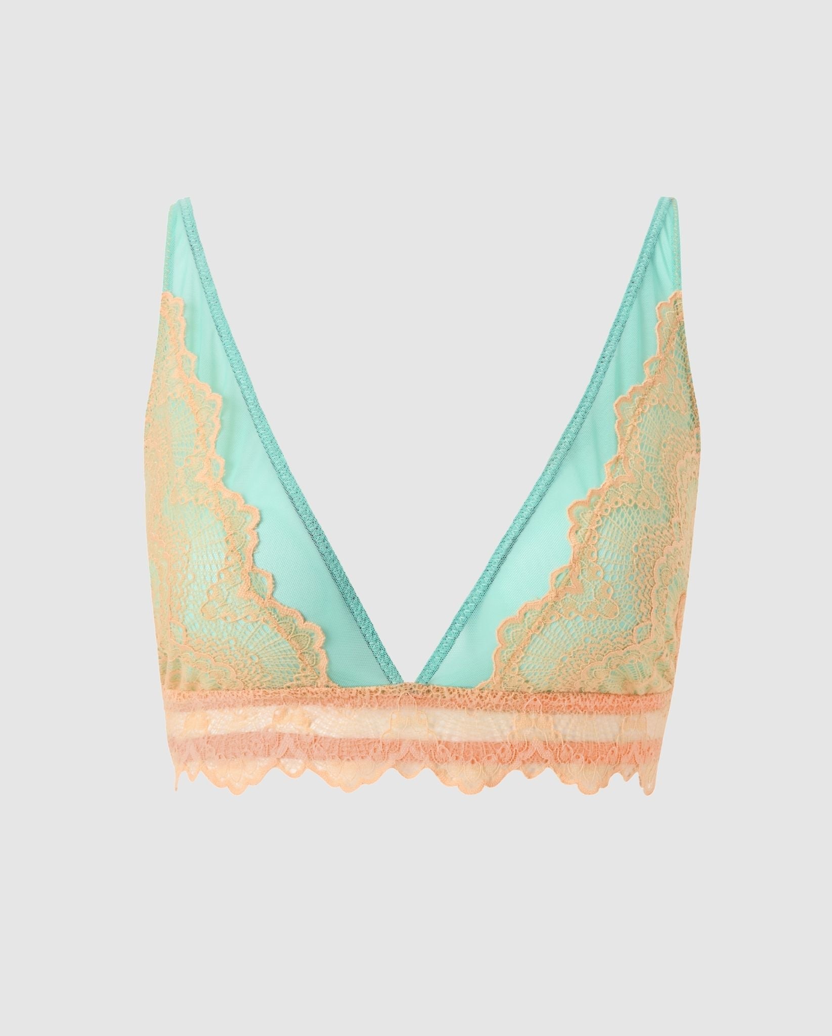 An mesh plunge bralette in turquoise with peach lace accessories.