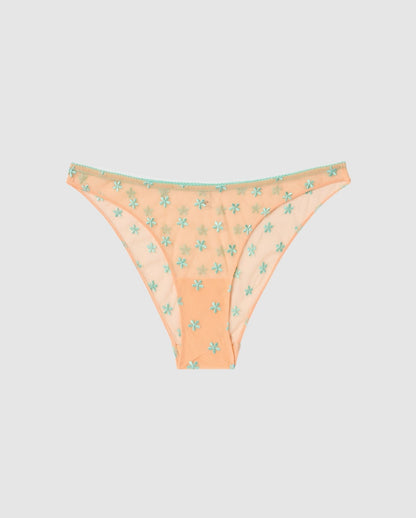 An mesh bikini brief in apricot orange with an turquoise flower accessories.