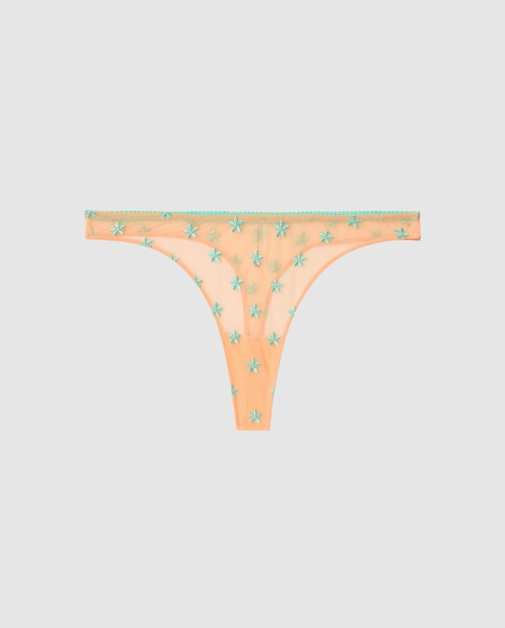 An mesh mid rise high cut panty in peach pink with turquoise accessories.