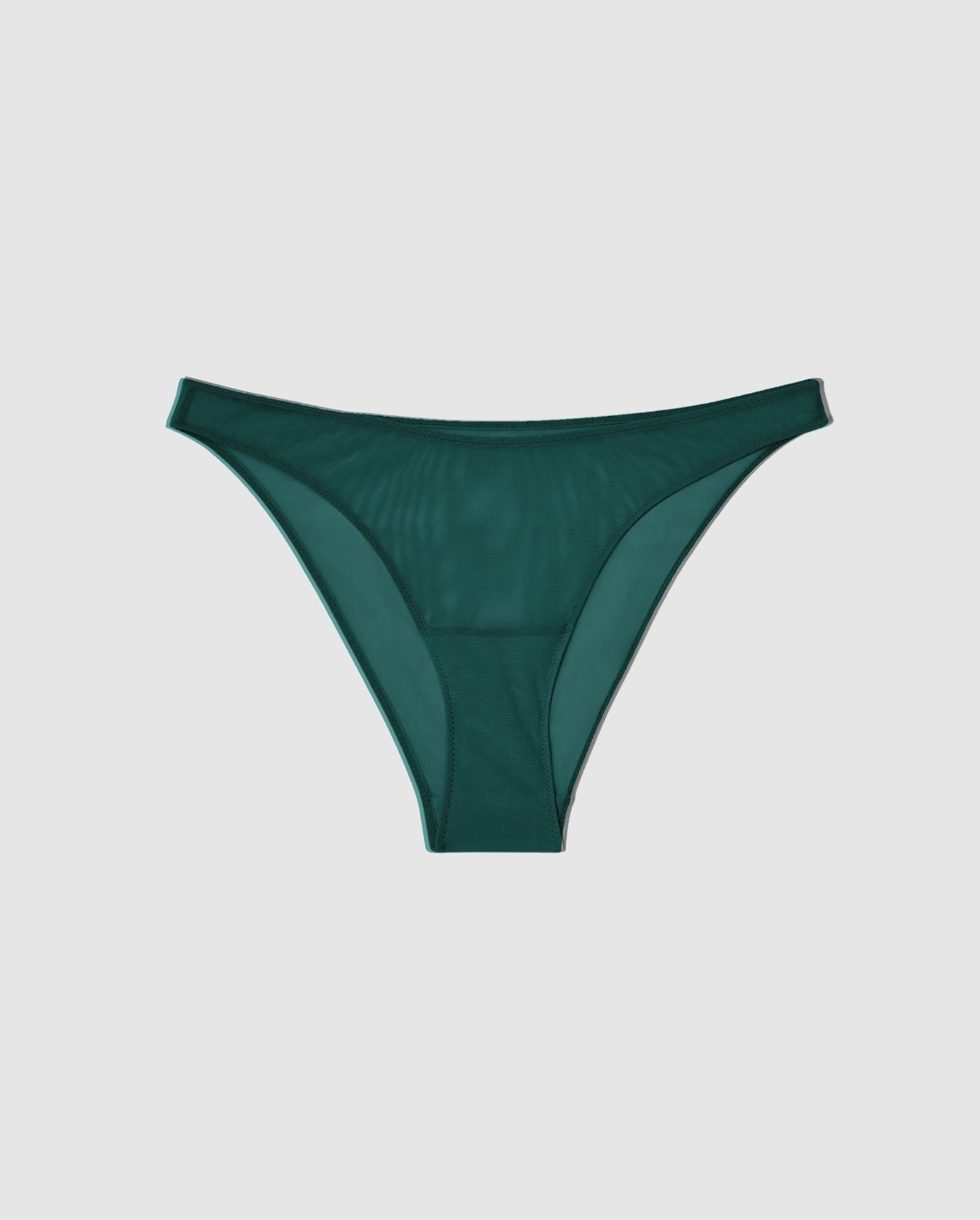 An mesh bikini brief in pine green.