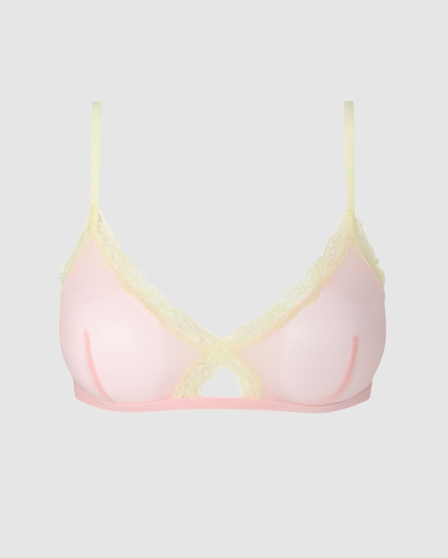 An mesh cut-out triangle bralette in pink with yellow lace accessories.