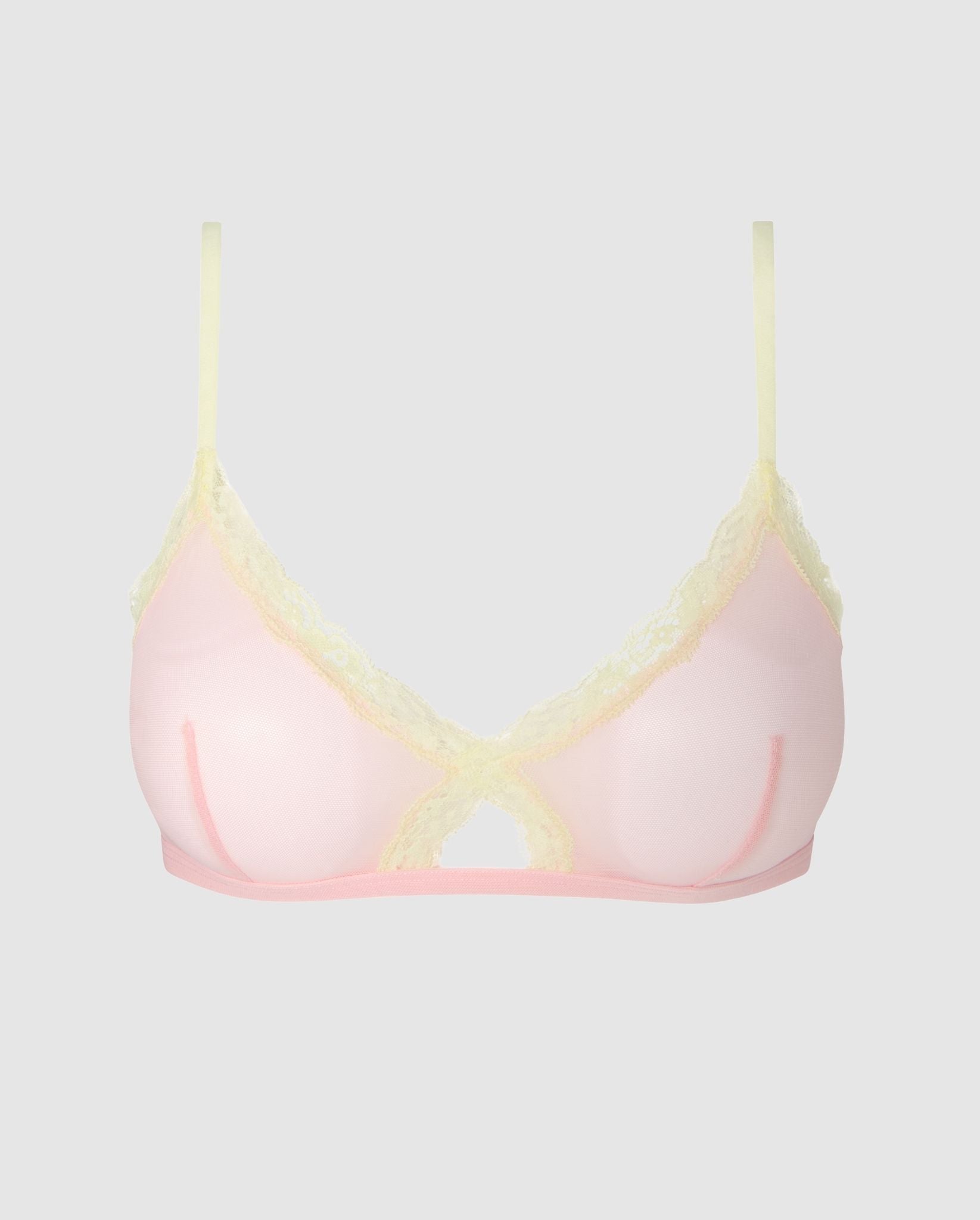 An mesh cut-out triangle bralette in pink with yellow lace accessories.
