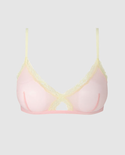 An mesh cut-out triangle bralette in pink with yellow lace accessories.