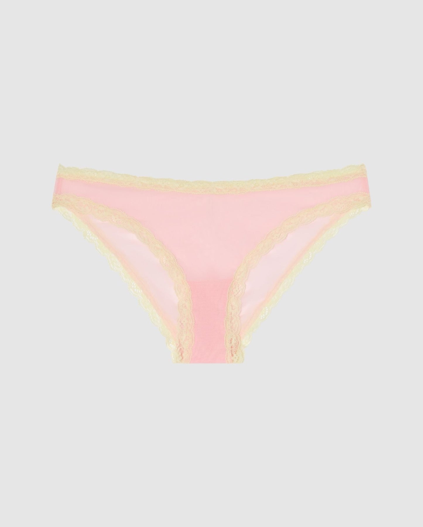 An mesh bikini brief in pink with light yellow lace trim.