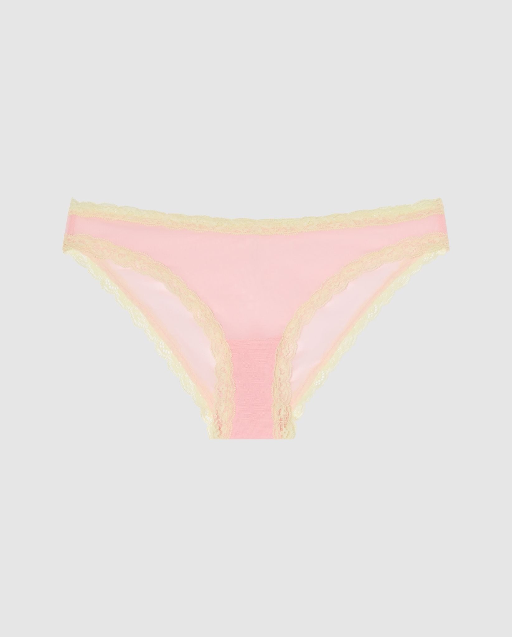 An mesh bikini brief in pink with light yellow lace trim.