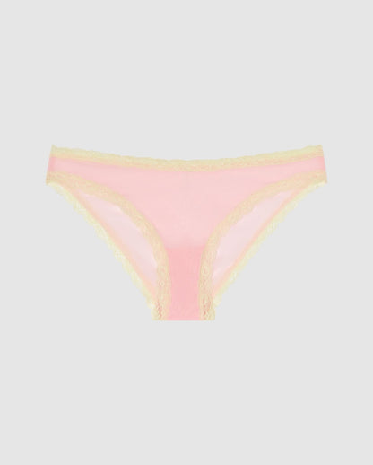 An mesh bikini brief in pink with light yellow lace trim.