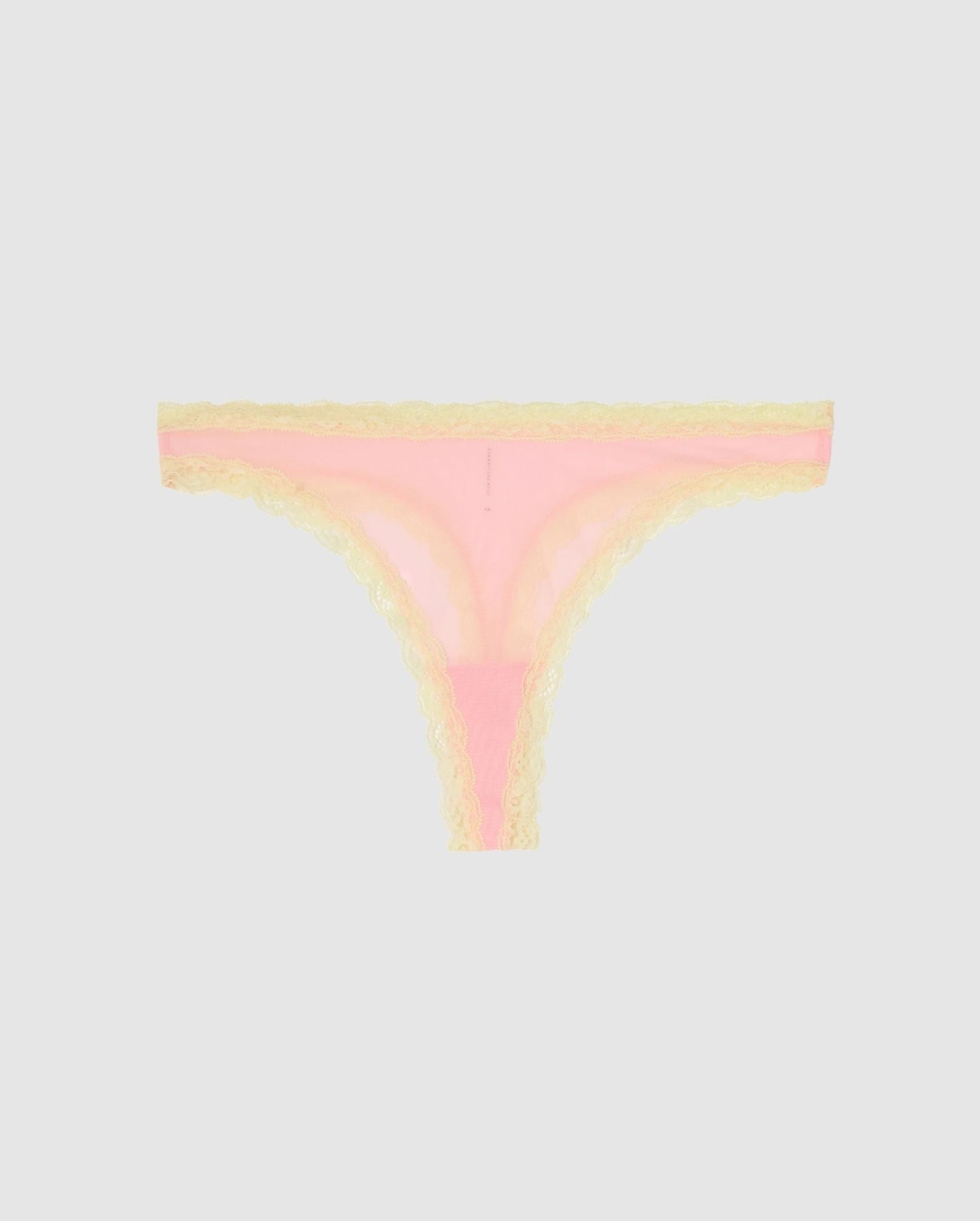 An mesh highcut panty in pink with light yellow lace accessories.