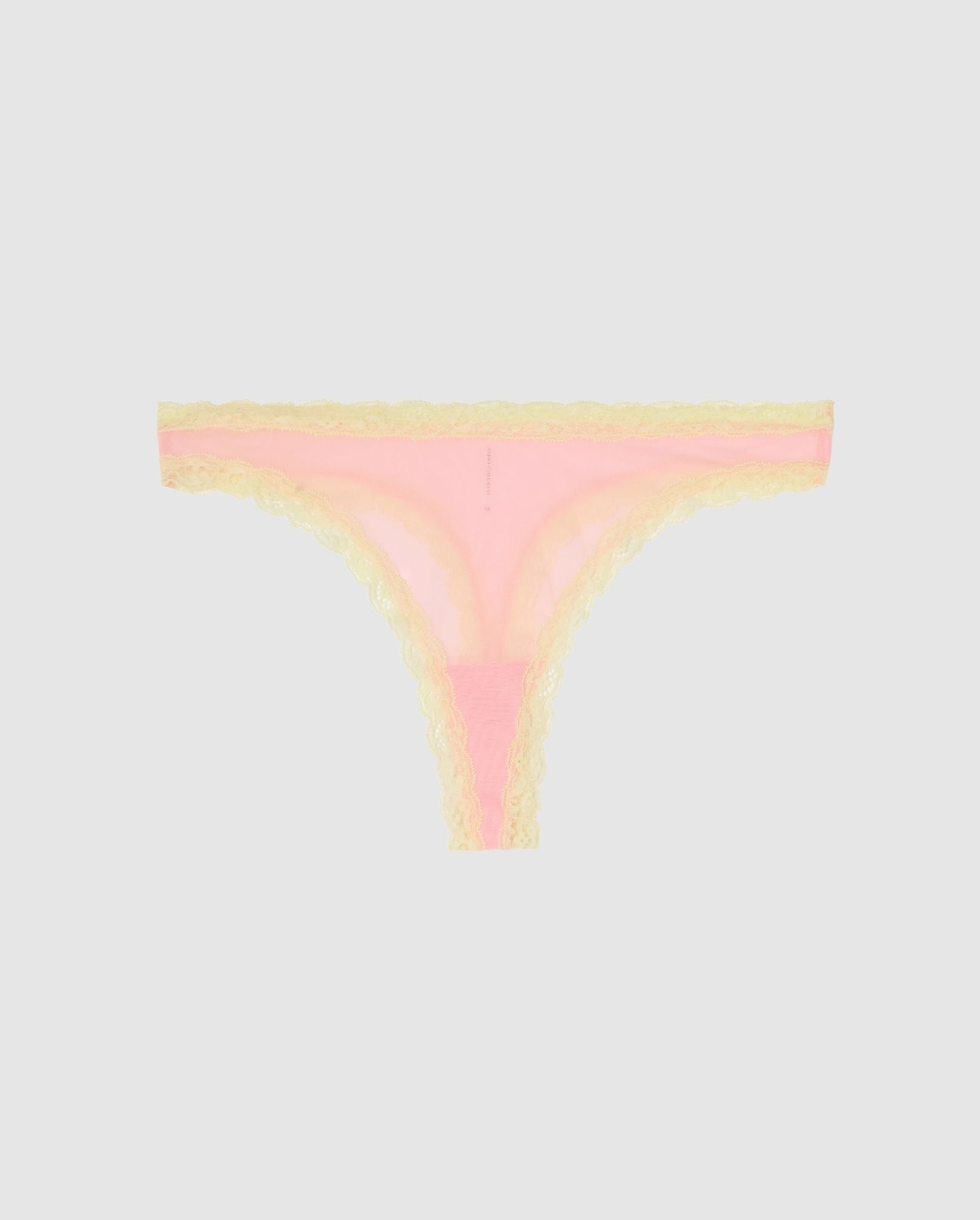 An mesh highcut panty in pink with light yellow lace accessories.