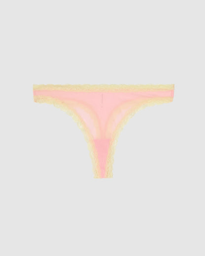 An mesh highcut panty in pink with light yellow lace accessories.