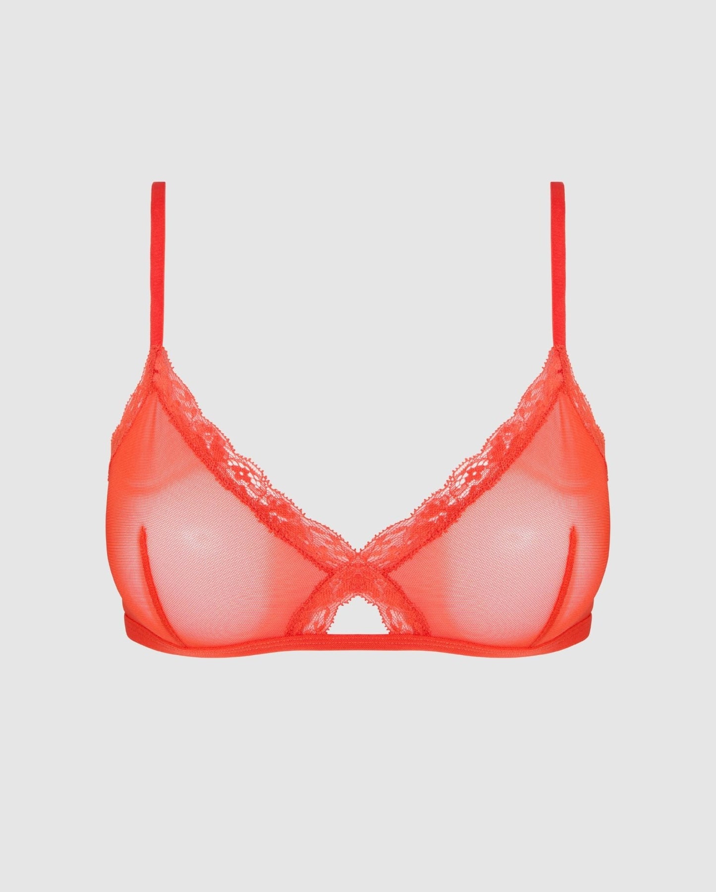 An red, triangle shaped bralette in mesh with a cut-out design.