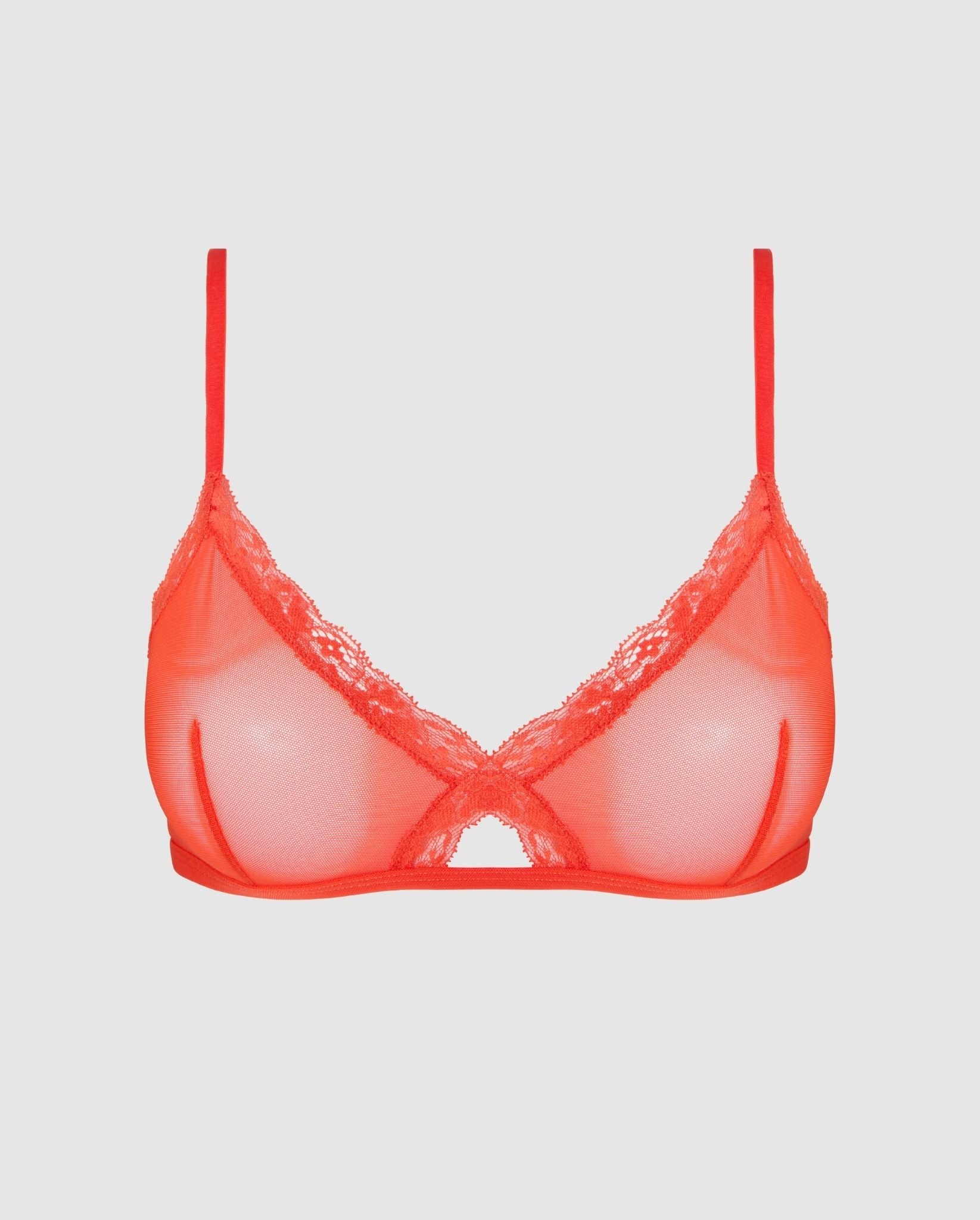 An red, triangle shaped bralette in mesh with a cut-out design.