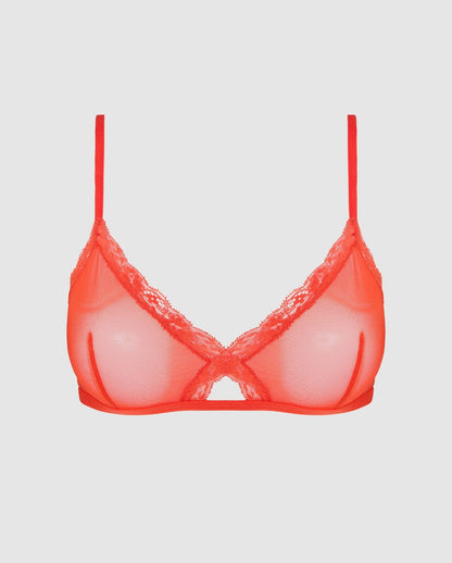 An red, triangle shaped bralette in mesh with a cut-out design.