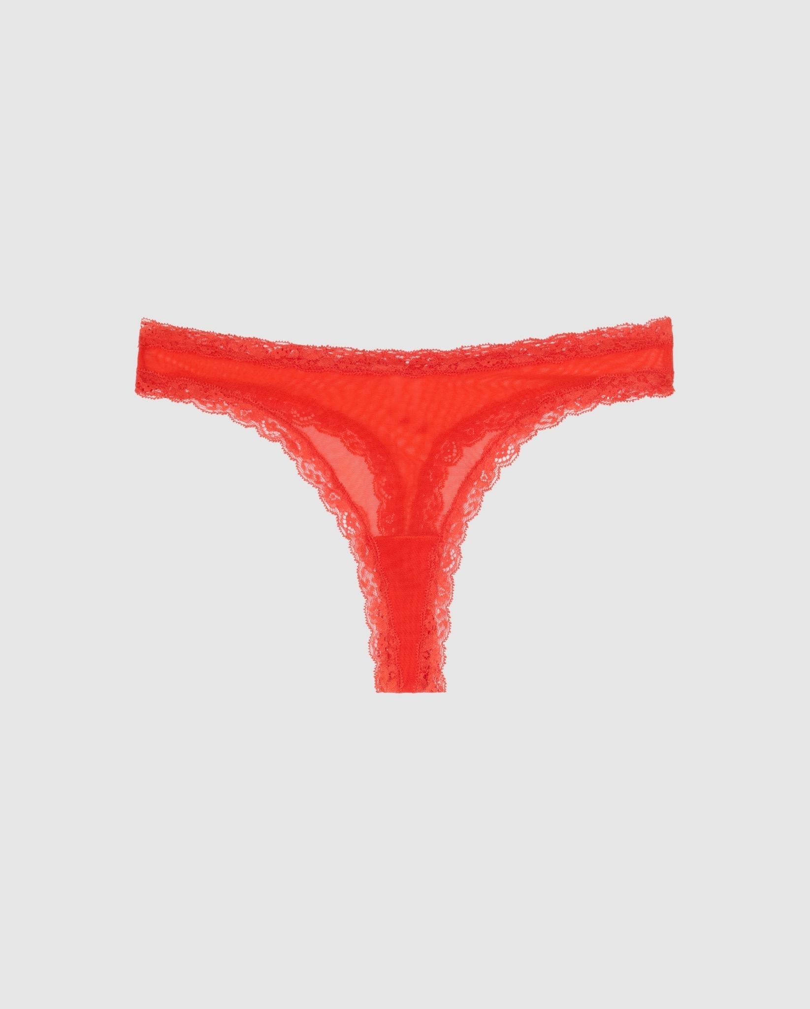 An Mesh mid rise high cut design in a red color with an lace trim. 