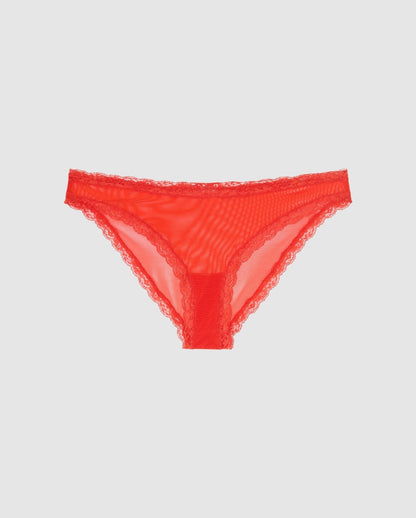 An Mesh Bikini brief with lace trim in a red design. 