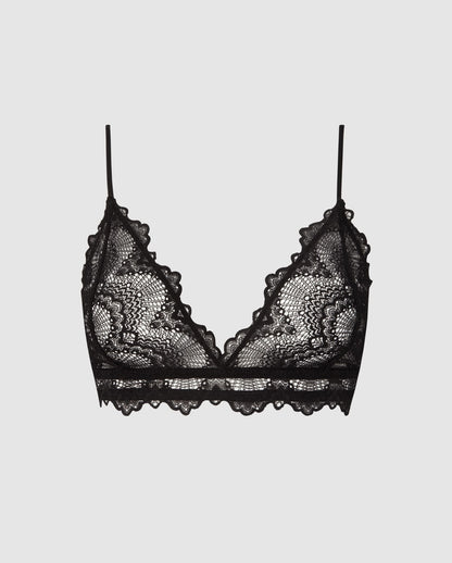 An black, triangle shaped bralette in lace.
