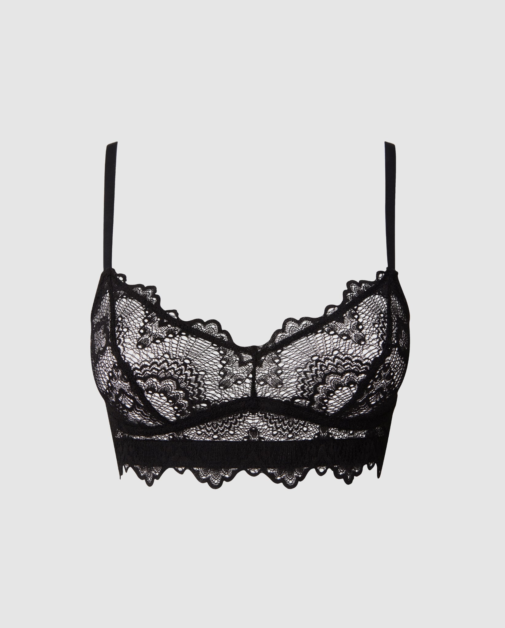 An lace balconette in a black design. 

