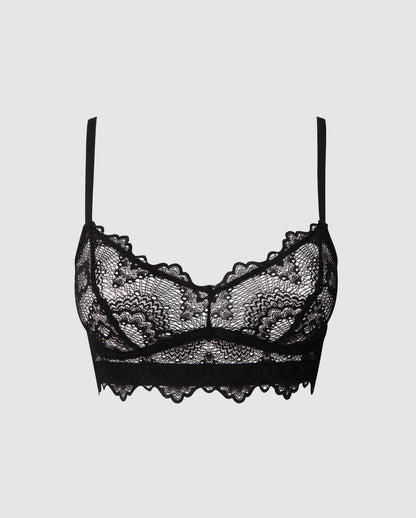 An lace balconette in a black design. 
