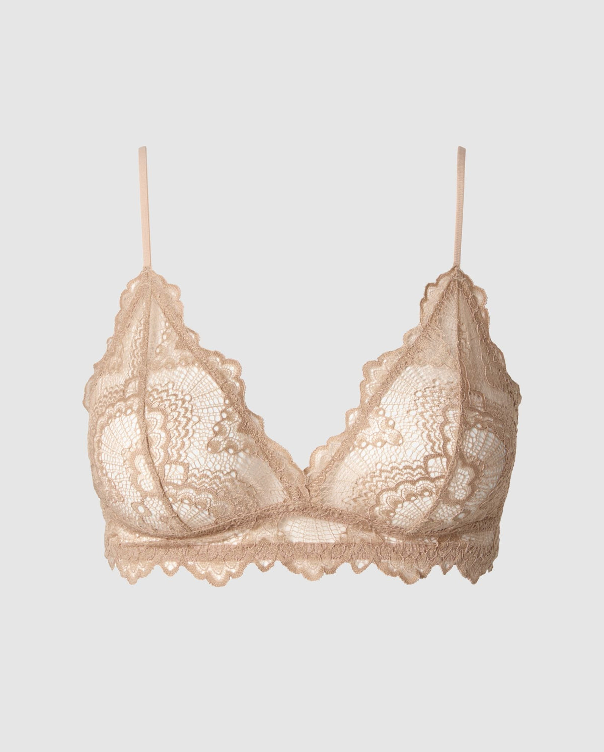 An warm beige, triangle shaped bralette in lace.