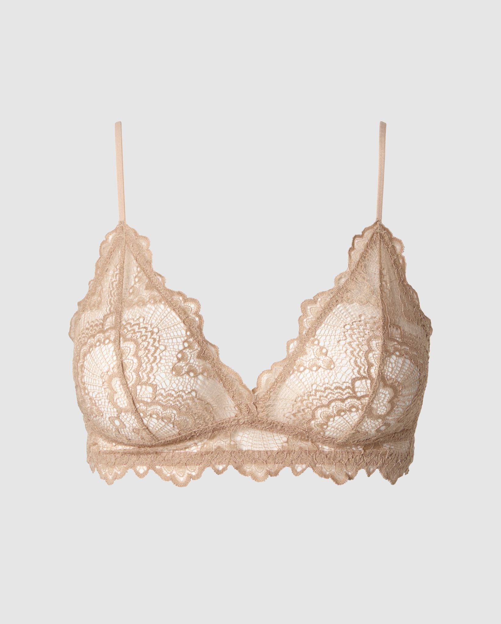 An warm beige, triangle shaped bralette in lace.