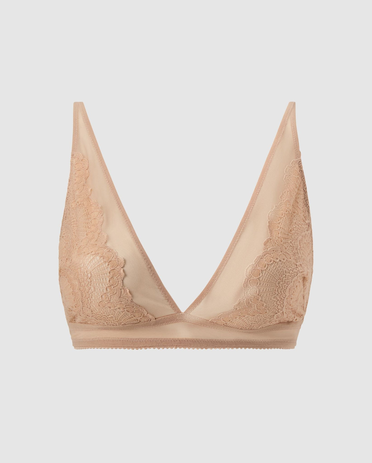 An lace bralette in an plunge, v-neck design in warm beige.