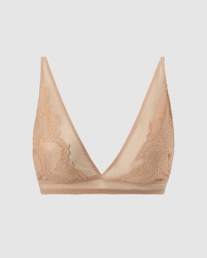 An lace bralette in an plunge, v-neck design in warm beige.