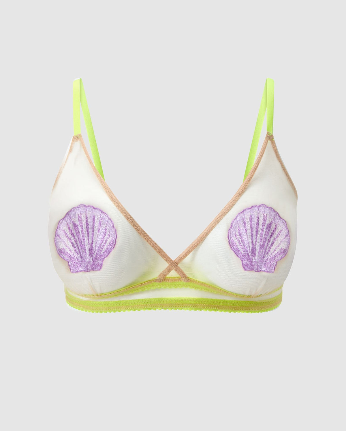 An mesh triangle bralette in a fun seashell design.