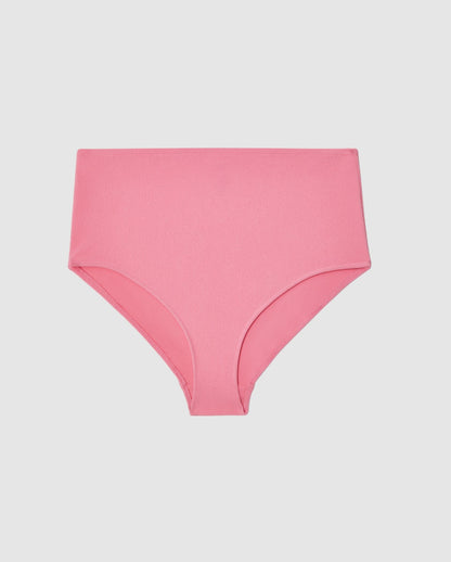 An high-waist bikini bottom in candy pink. 