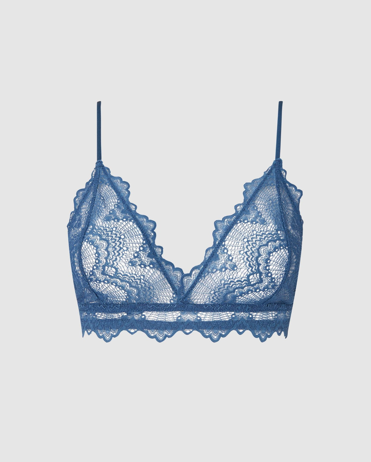 An lace triangle bralette in a faded blue color.