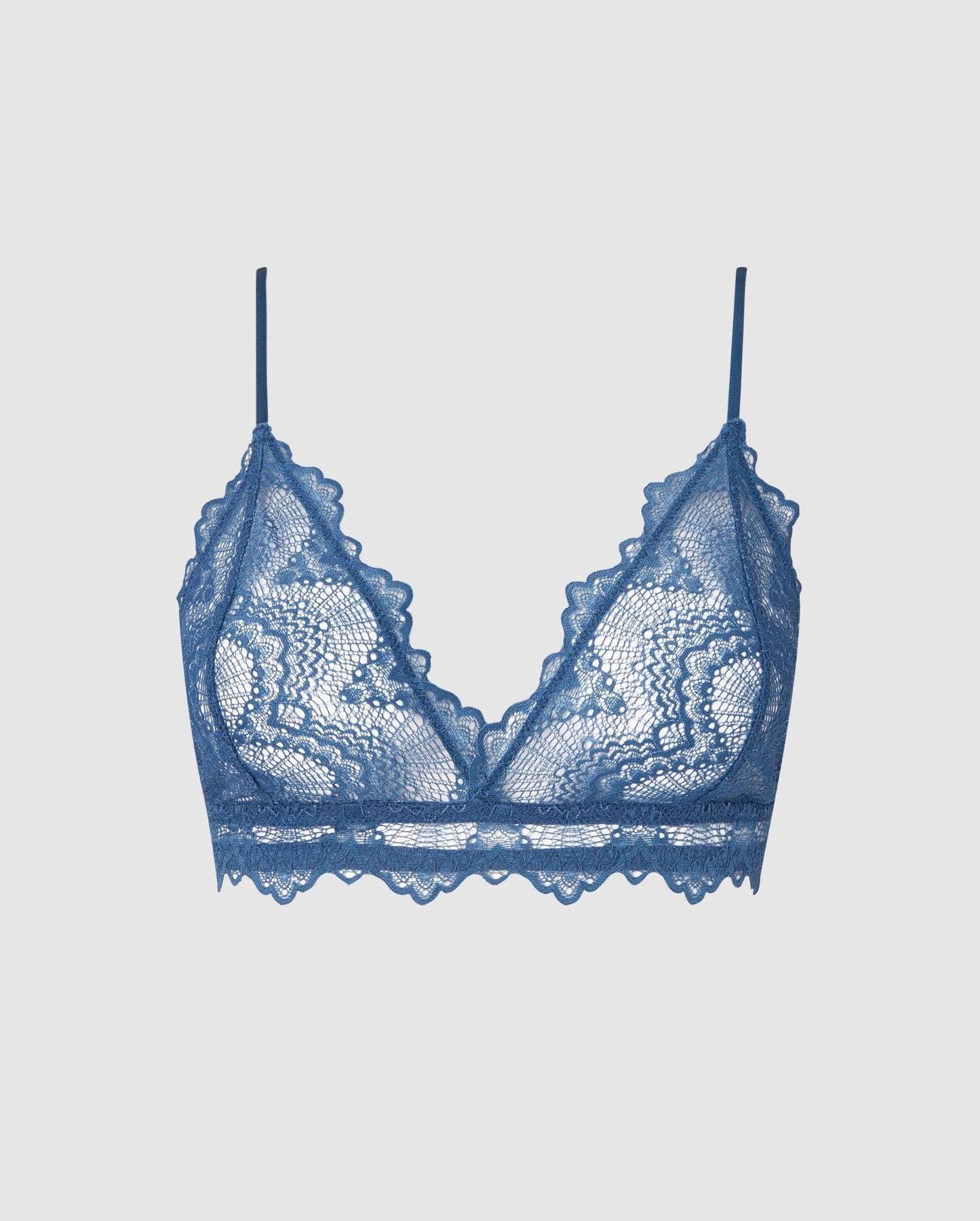 An lace triangle bralette in a faded blue color.